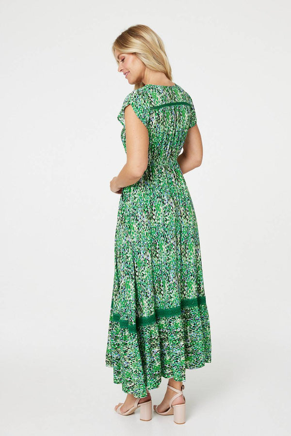 Green | Printed Lace Detail Maxi Dress