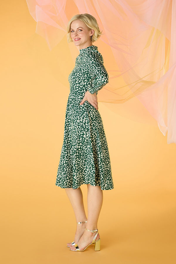 Green | Leopard Print High Neck Tea Dress : Model is 5'10"/178 cm and wears UK10/EU38/US6/AUS10