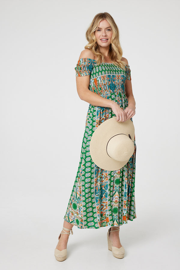 Green | Printed Bardot Smocked Maxi Dress