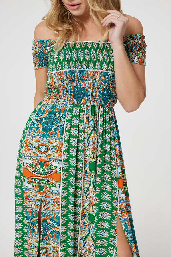 Green | Printed Bardot Smocked Maxi Dress