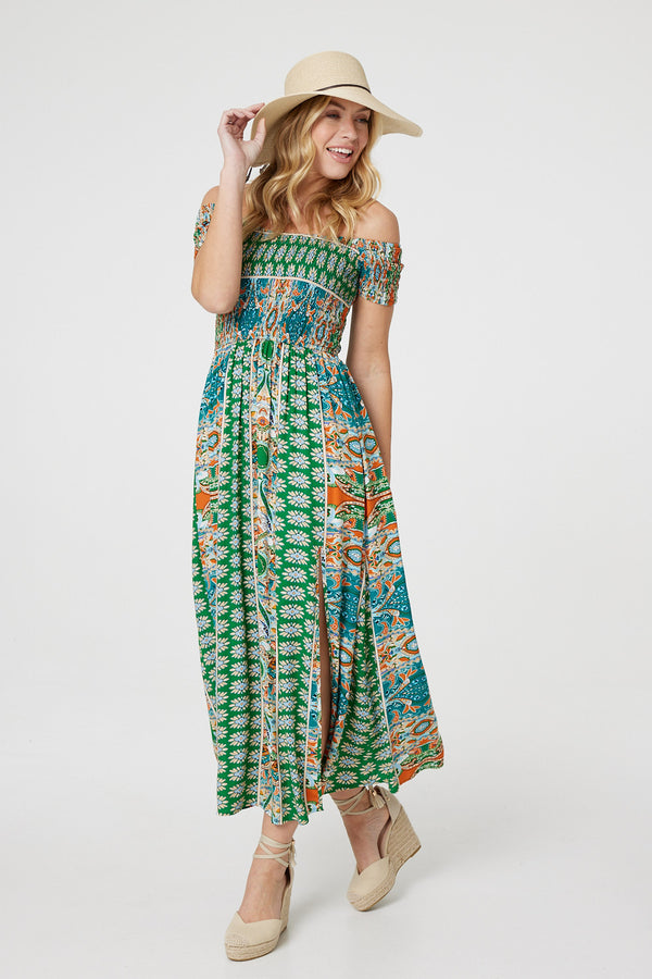 Green | Printed Bardot Smocked Maxi Dress