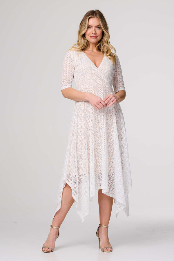 White | Lace Detail Hanky Hem Midi Wrap Dress