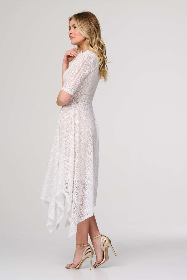 White | Lace Detail Hanky Hem Midi Wrap Dress