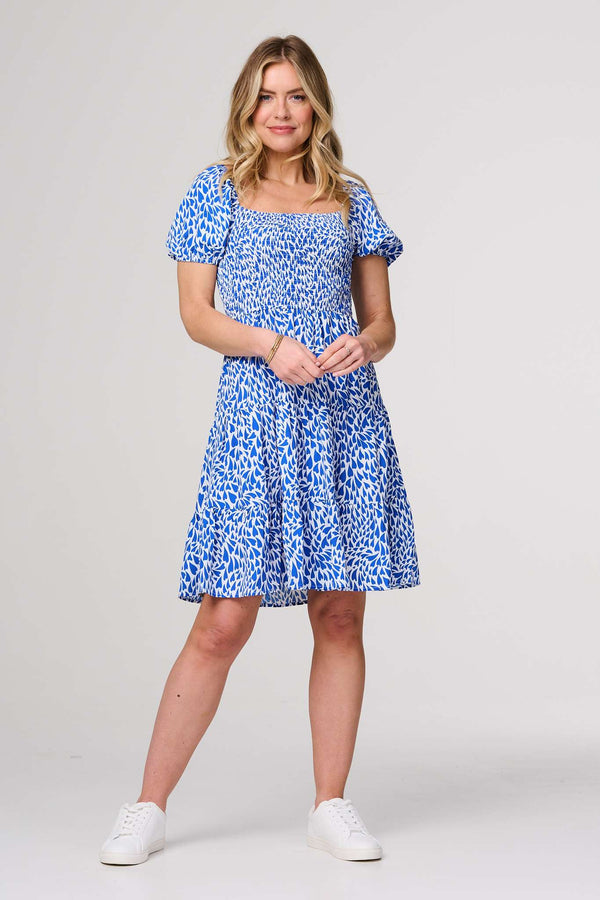 Blue | Heart Print Knee Length Smock Dress