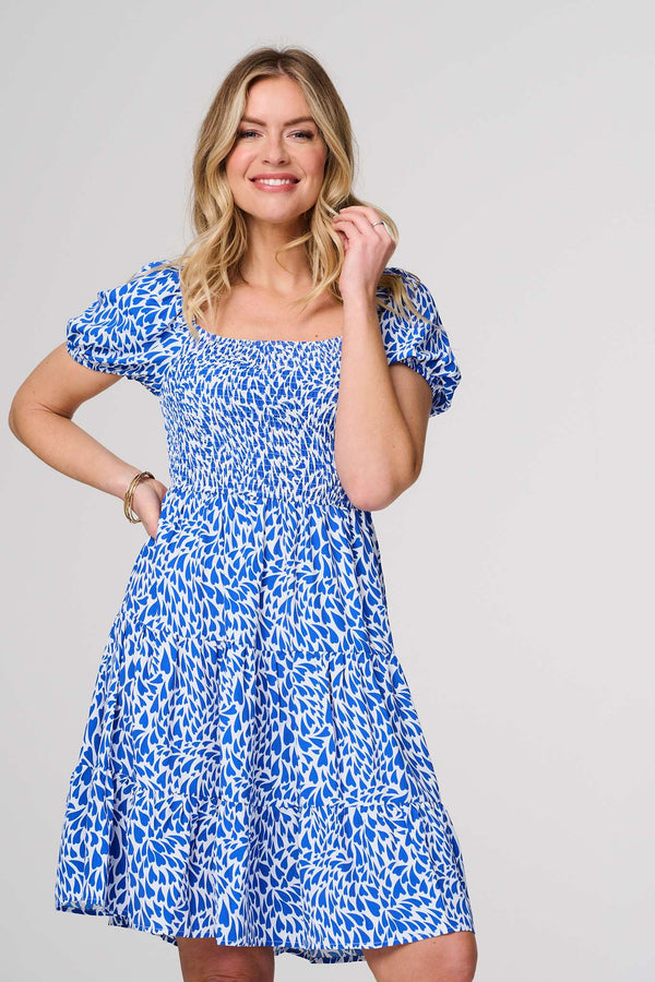 Blue | Heart Print Knee Length Smock Dress