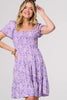 Purple | Printed Short Bardot Smock Dress