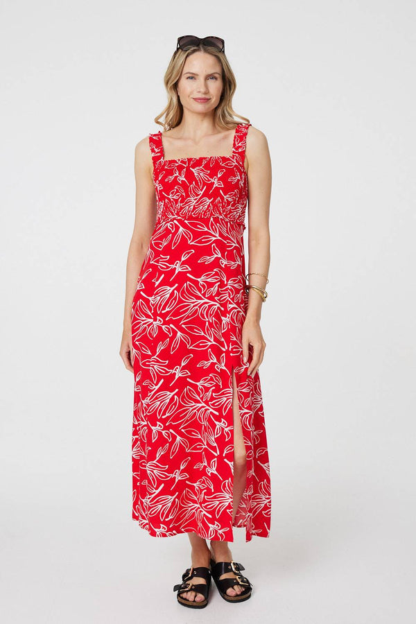 Red | Floral Square Neck Midi Sun Dress