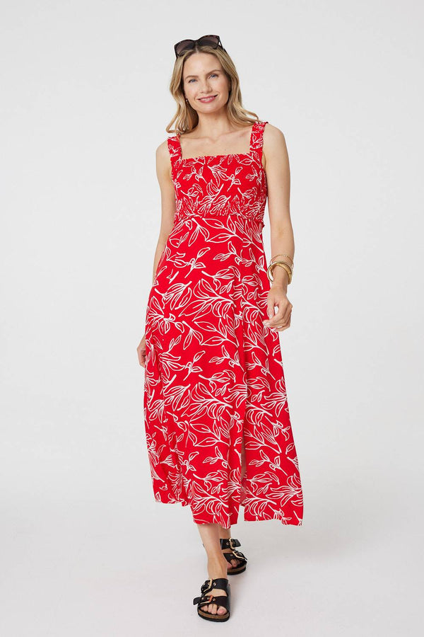 Red | Floral Square Neck Midi Sun Dress