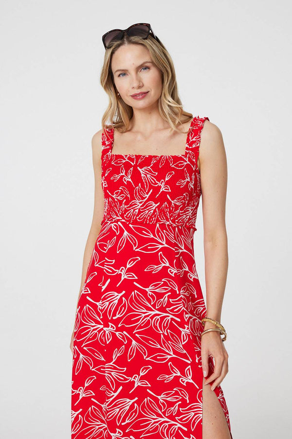 Red | Floral Square Neck Midi Sun Dress