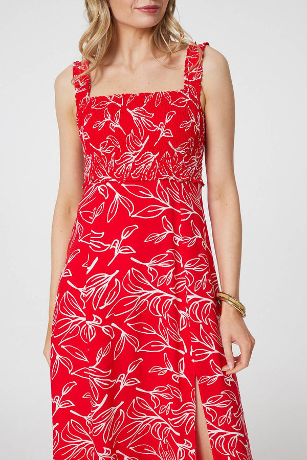 Red | Floral Square Neck Midi Sun Dress