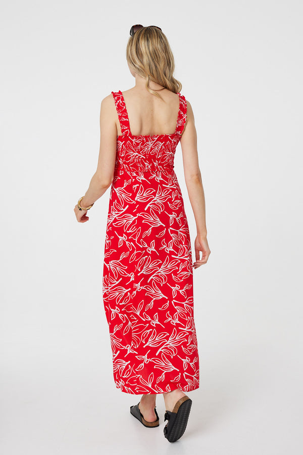 Red | Floral Square Neck Midi Sun Dress