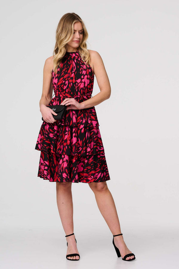 Red | Printed Halter Neck Tiered Dress