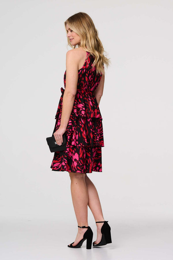 Red | Printed Halter Neck Tiered Dress