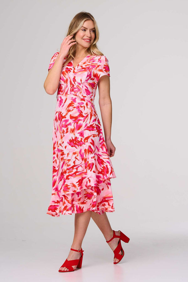 Red | Printed Layered Hem Midi Dress