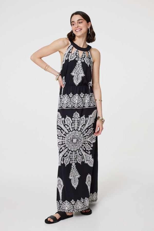 Black And White | Mosaic Print Halter Neck Long Dress