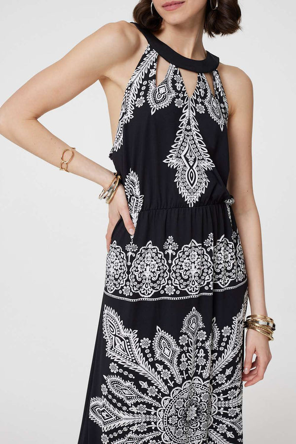 Black And White | Mosaic Print Halter Neck Long Dress