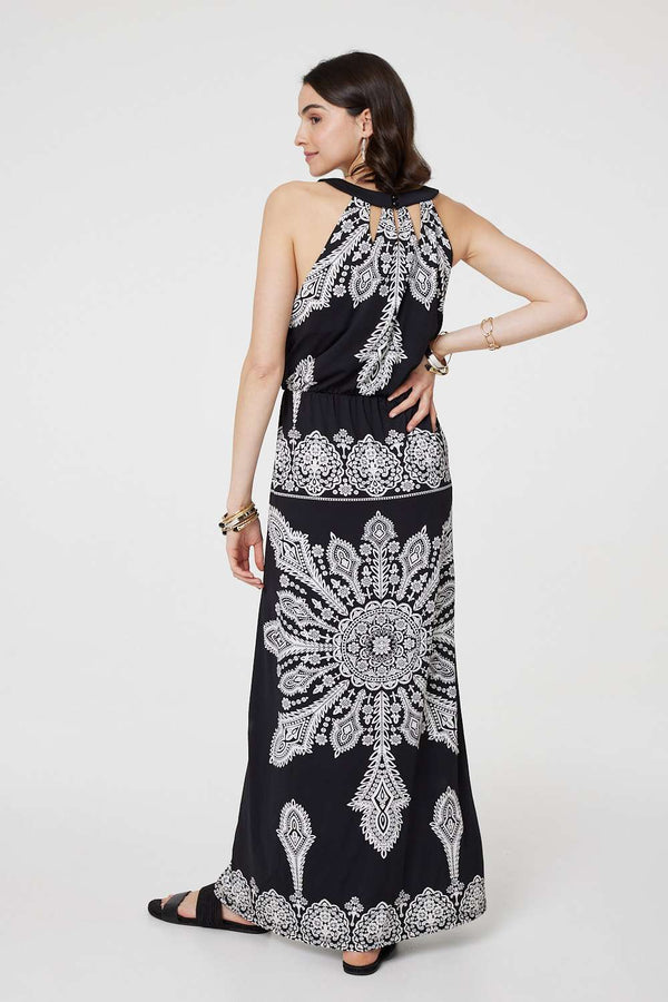 Black And White | Mosaic Print Halter Neck Long Dress