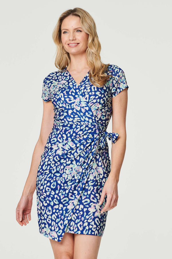 Blue | Animal Print Ruched Short Wrap Dress