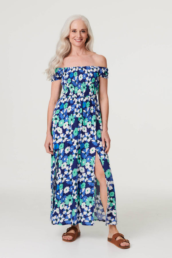 Navy | Floral Bardot Split Hem Maxi Dress