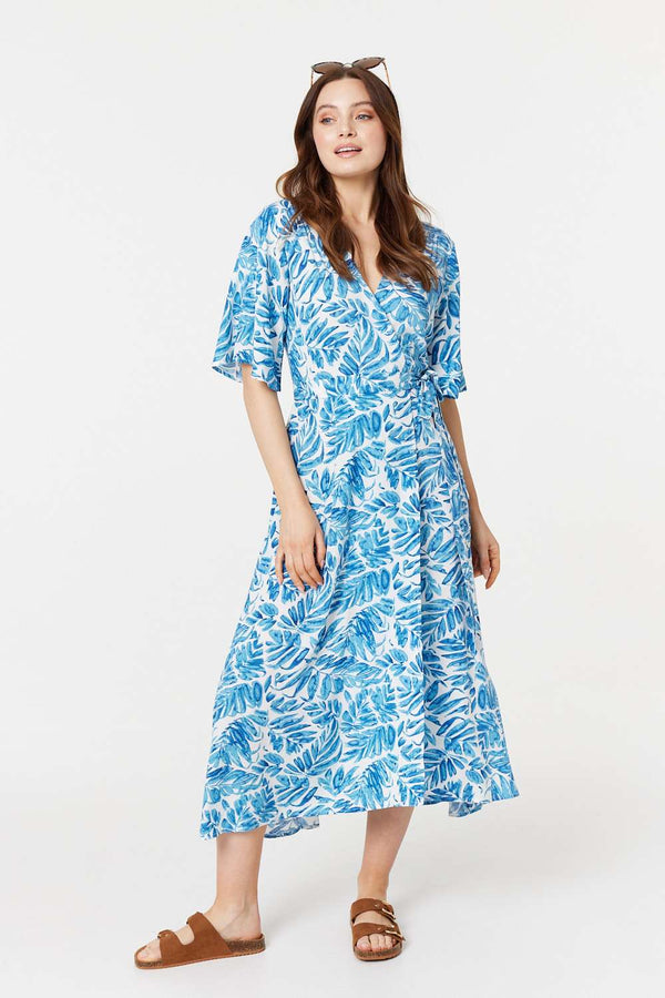 Blue | Leaf Print 1/2 Sleeve Wrap Dress