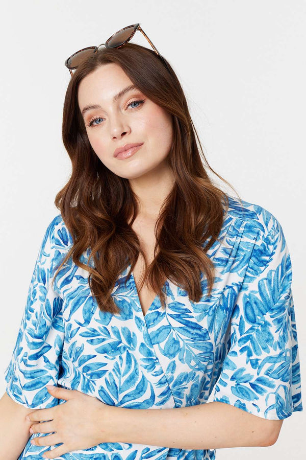 Blue | Leaf Print 1/2 Sleeve Wrap Dress