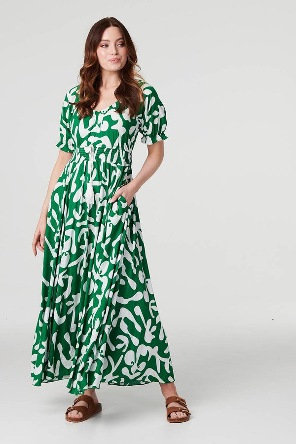 Green | Printed Puff Sleeve Maxi Dress