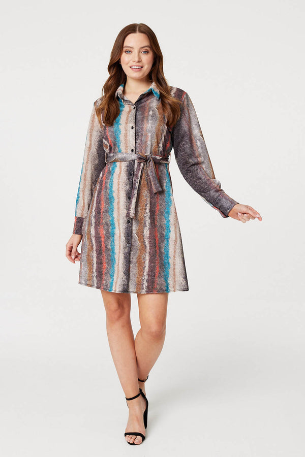 Beige | Printed Long Sleeve Shirt Dress