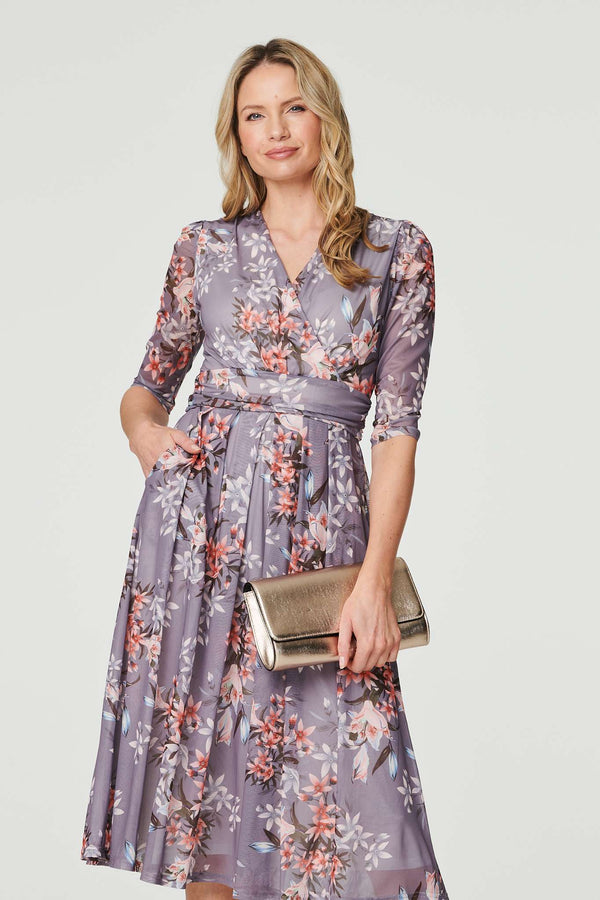 Grey | Floral Layered V-Neck Midi Dress