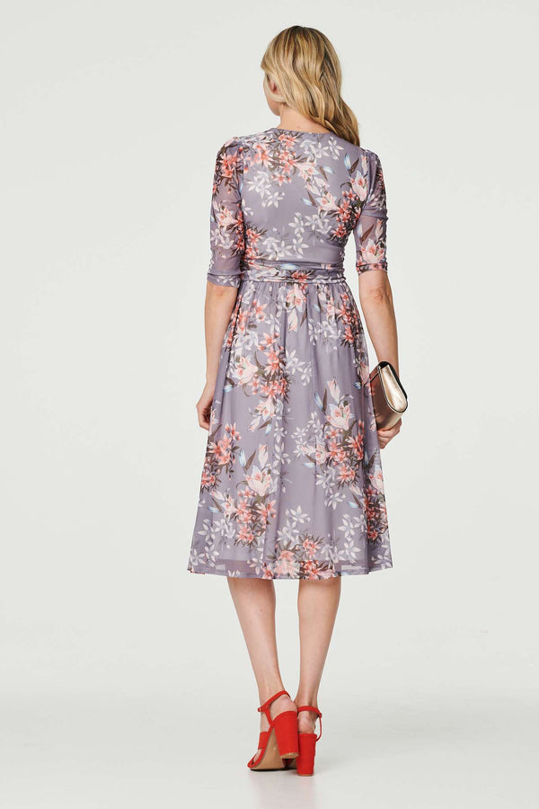 Grey | Floral Layered V-Neck Midi Dress