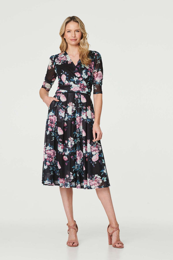 Black | Floral Ruched Midi Tea Dress