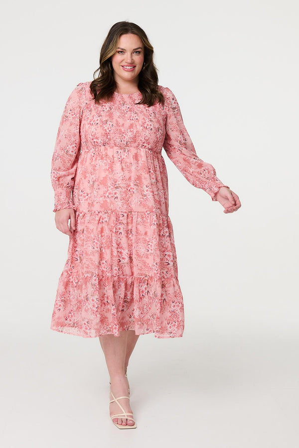 Pink | Floral Print Smocked Midi Dress