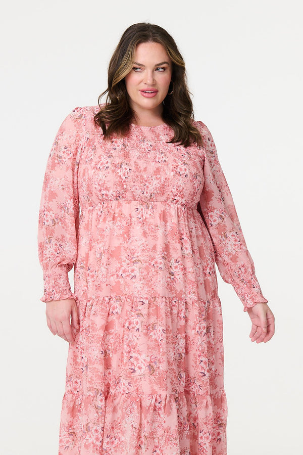 Pink | Floral Print Smocked Midi Dress