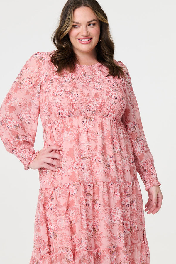 Pink | Floral Print Smocked Midi Dress