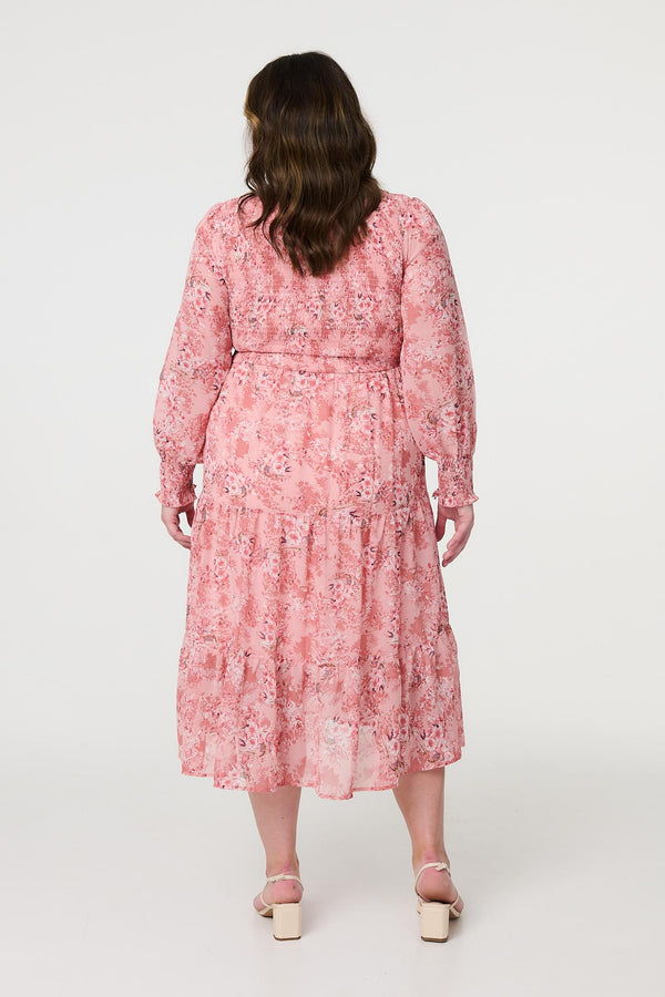 Pink | Floral Print Smocked Midi Dress