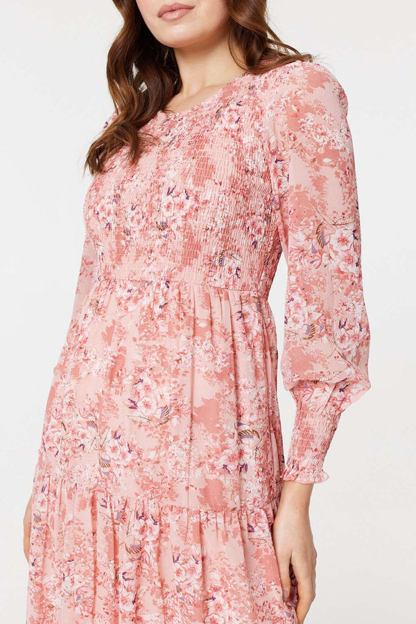 Pink | Floral Print Smocked Midi Dress