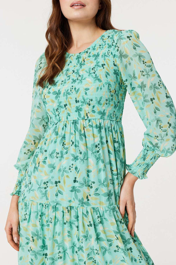 Blue | Floral Long Sleeve Midi Smock Dress