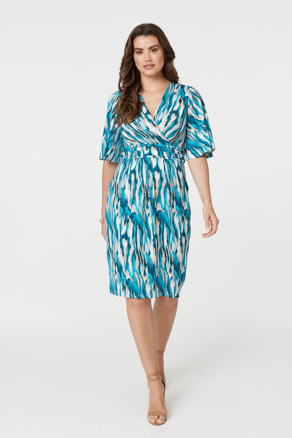 Green | Printed 1/2 Angel Sleeve Faux Wrap Dress : Model is 5'9"/175 cm and wears UK10/EU38/US6/AUS10