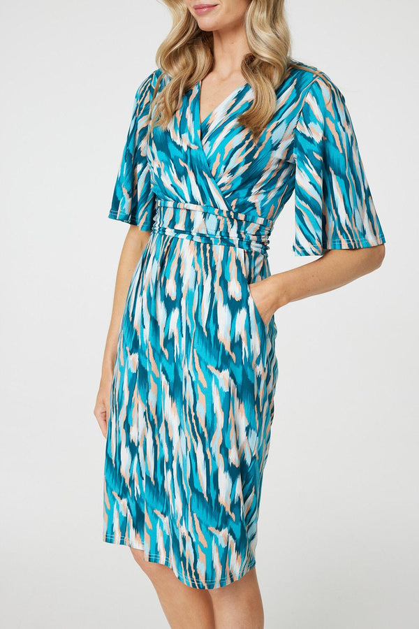 Green | Printed 1/2 Angel Sleeve Faux Wrap Dress