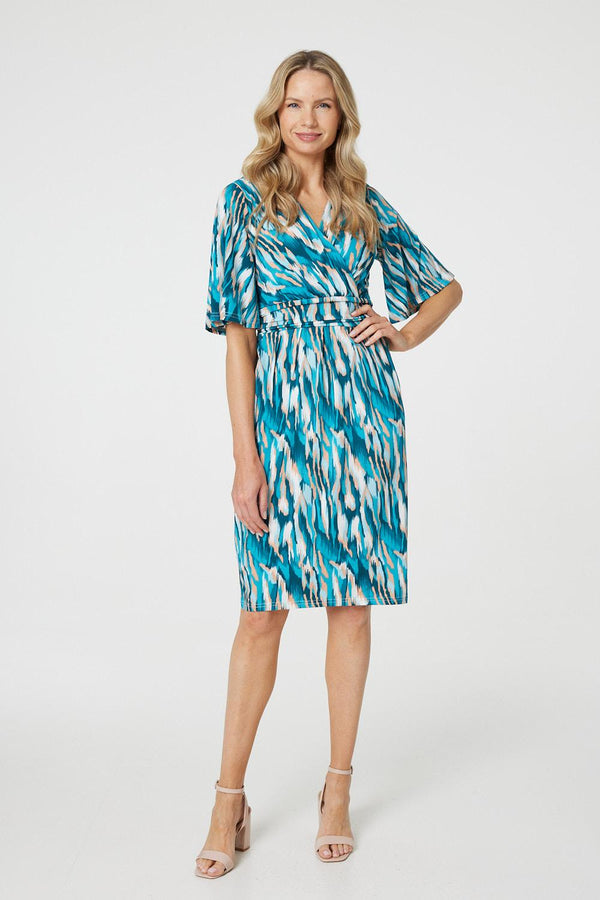 Green | Printed 1/2 Angel Sleeve Faux Wrap Dress : Model is 5'10"/178 cm and wears UK10/EU38/US6/AUS10