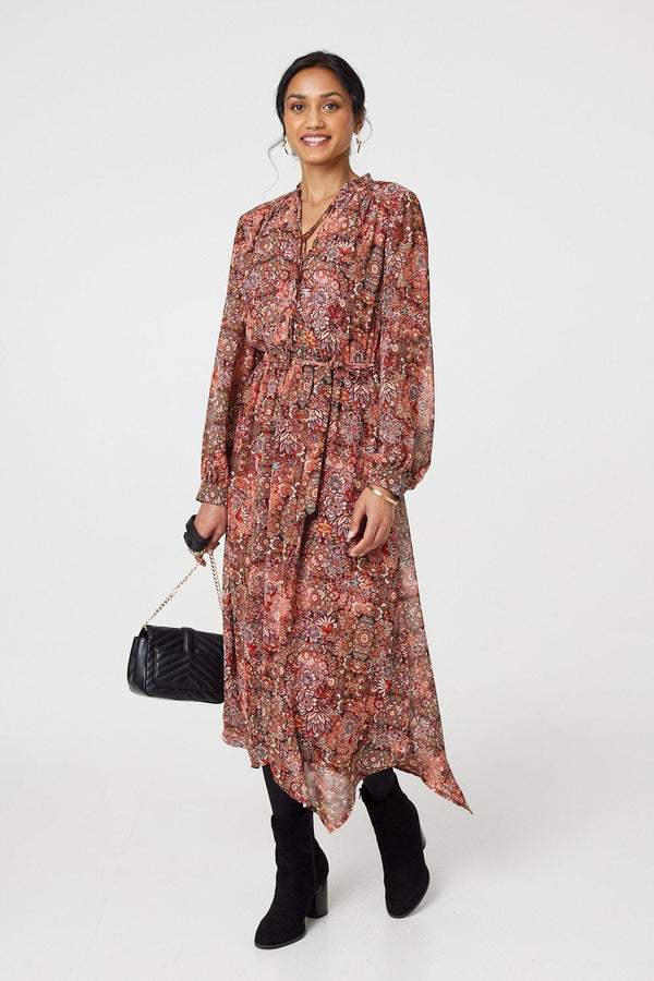 Rust | Floral Paisley Semi Sheer Midi Dress : Model is 5'8"/172 cm and wears UK8/EU36/US4/AUS8