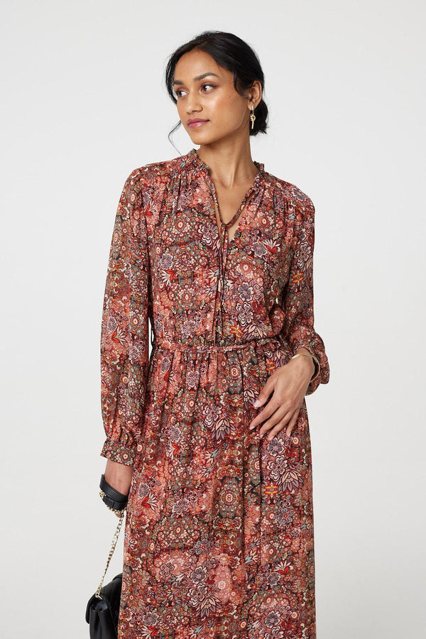 Rust | Floral Paisley Semi Sheer Midi Dress