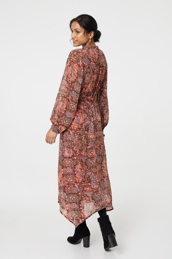 Rust | Floral Paisley Semi Sheer Midi Dress