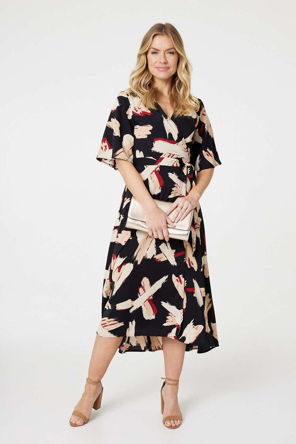 Black | Printed 1/2 Sleeve Midi Dress