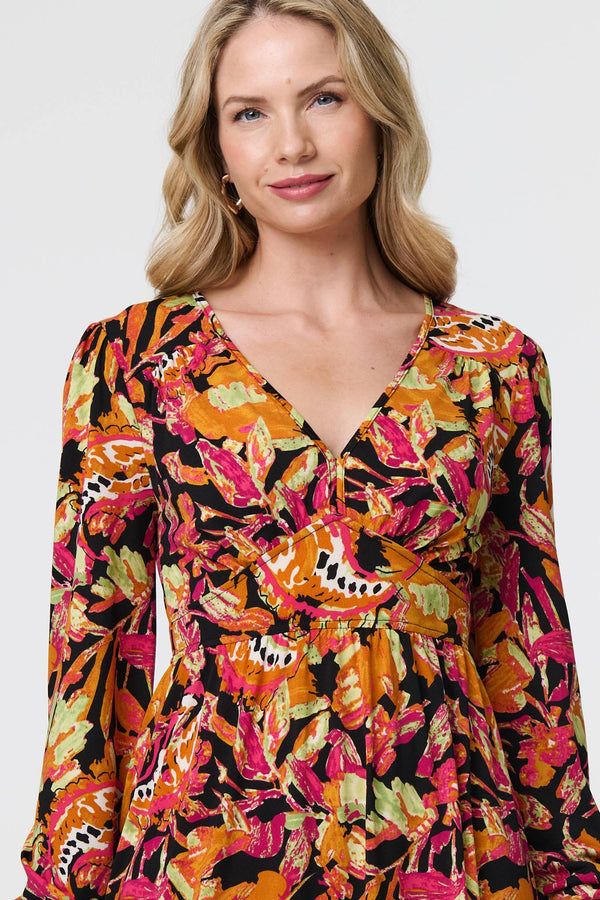 Orange | Tropical Floral Print Long Sleeve Midi Dress
