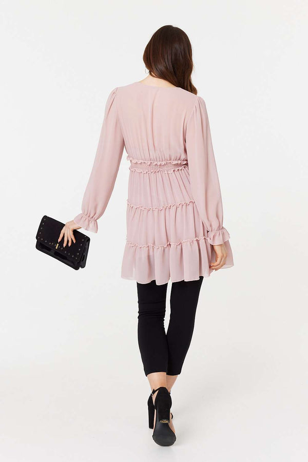 Pink | Tiered Long Sleeve Mini Dress