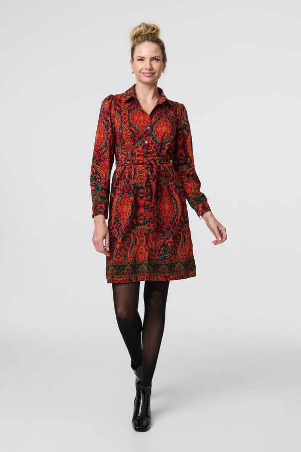 Orange | Mosaic Print Long Sleeve Short Shirt Dress : Model is 5'10"/178 cm and wears UK10/EU38/US6/AUS10