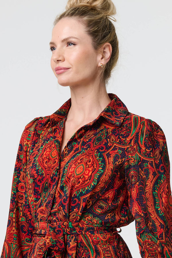 Orange | Mosaic Print Long Sleeve Short Shirt Dress
