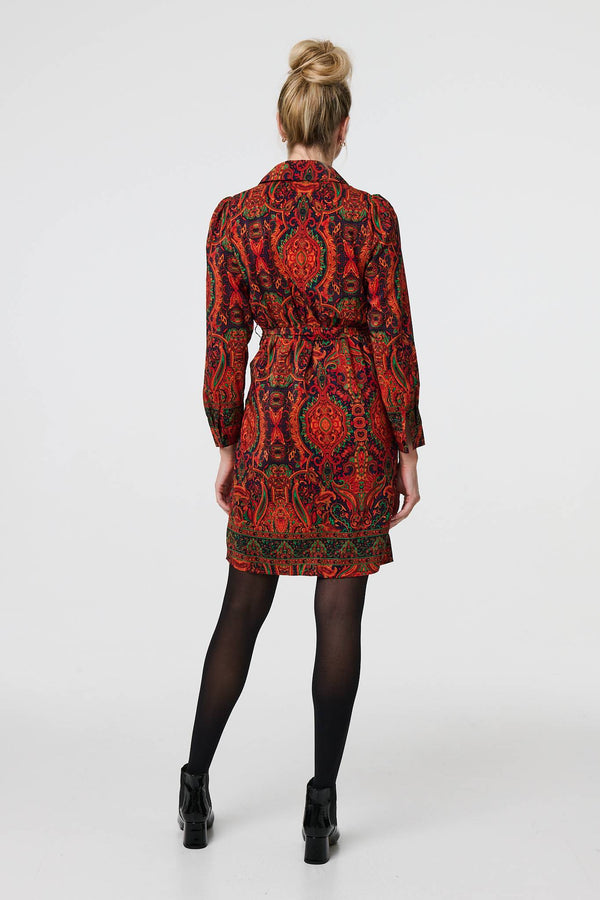 Orange | Mosaic Print Long Sleeve Short Shirt Dress
