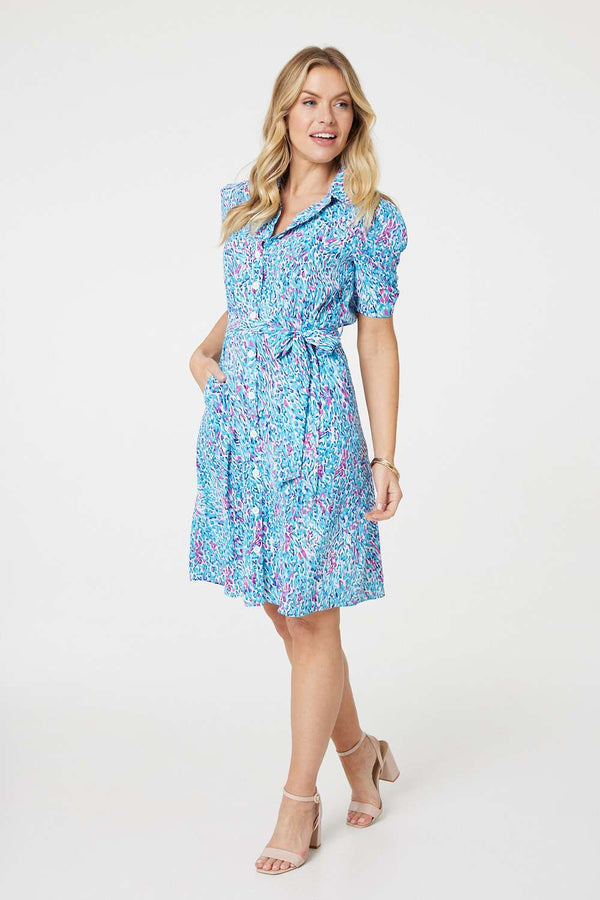 Blue | Printed Tie Waist Short Shirt Dress