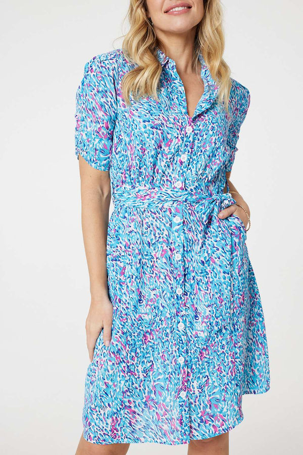 Blue | Printed Tie Waist Short Shirt Dress